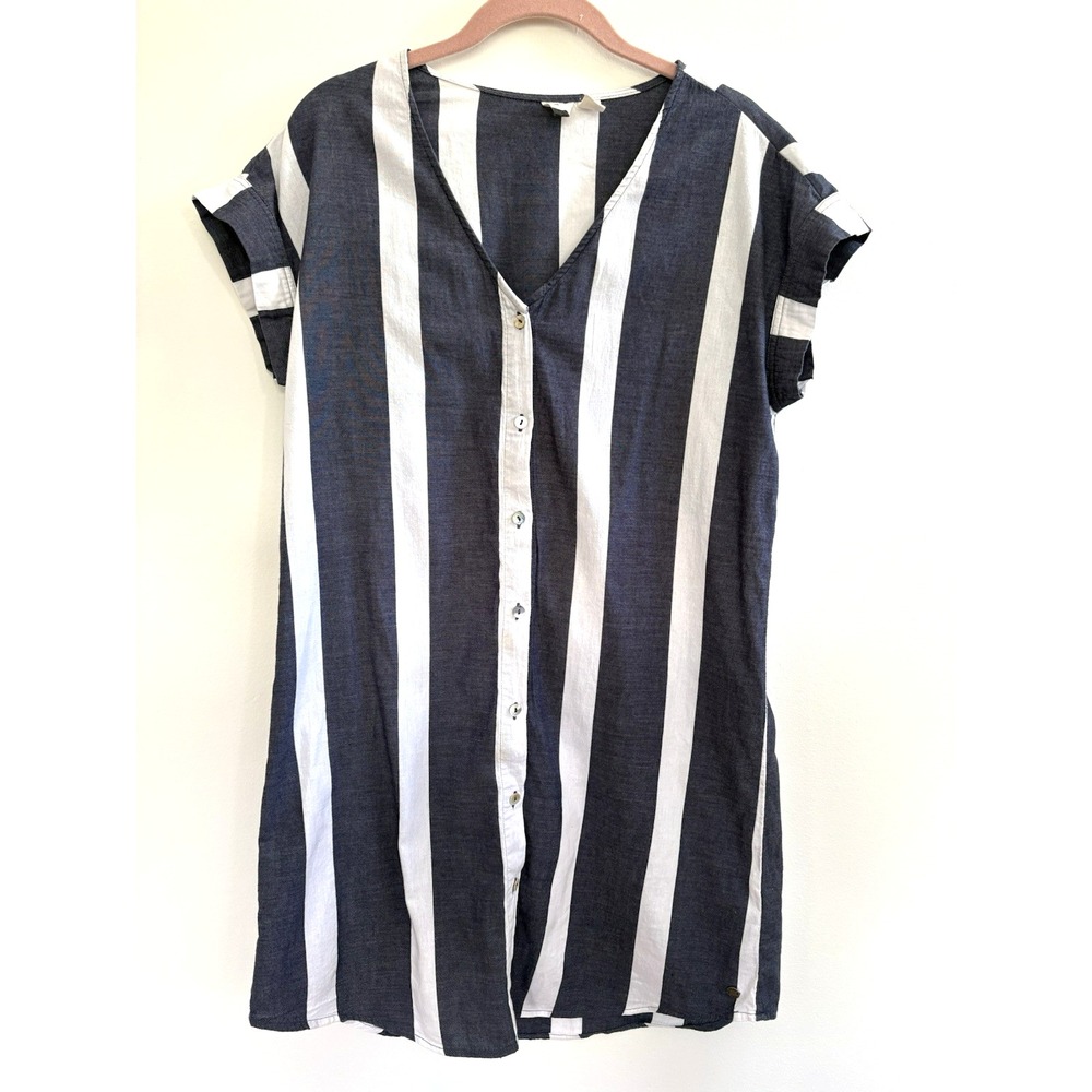 Roxy Womens Navy White Striped Cotton Button Front Mini Dress Short Sleeve Small